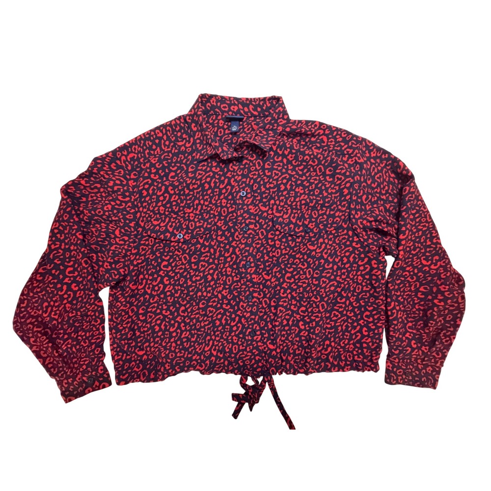 Scoop Women Red Navy Leopard Animal Print Tie Front Cropped Button Down Shirt XL